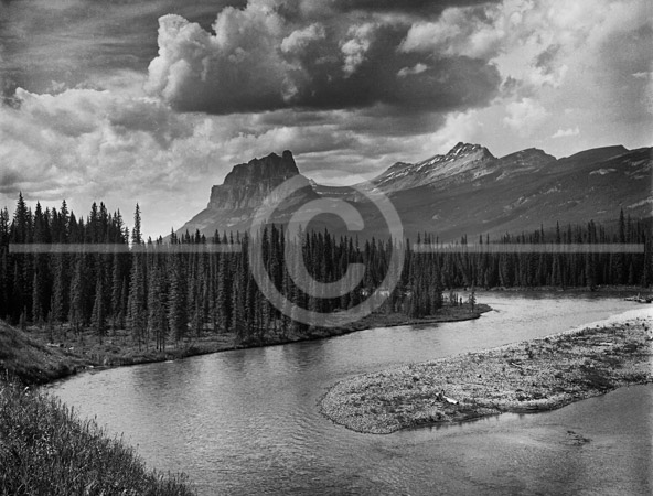 HD_STBW-08 - Bow River with Castle Mountain (formerly known as Mount Eisenhower when photo was originally taken in 1968) in the background. Taken from Trans-Canada Highway just inside the park.