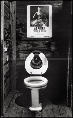 HD_STBW-79 - Toilet with poster in bunkhouse, Camp Androscoggen Jr., near Wayne, Maine.