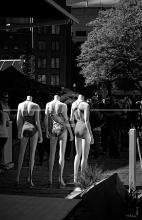 HD_STBW-86 - Three mannaquins dressed in swimsuits stand in front of Quincy Market in Boston