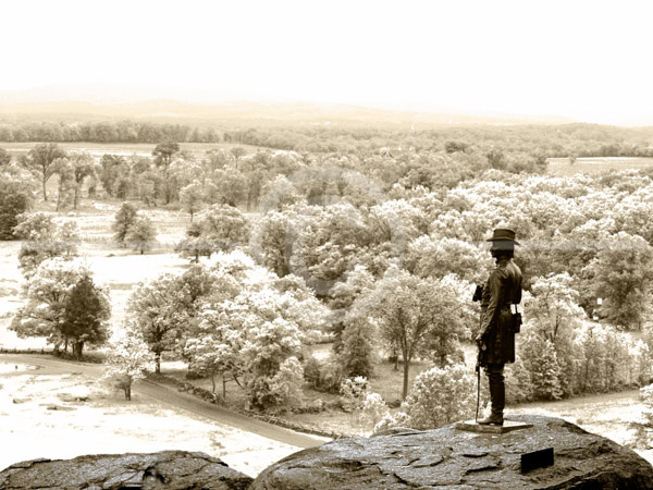 HD_STBW-89 - Statue of Union General Gouverneur K. Warren at overlook on Little Round Top, a hill that overlooks the Gettysburg, Pennsylvania battle field.