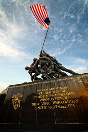 HD_STC-66 - Marine Corp Memorial in Arlington Virginia at dawn from low angle shot with extreme wide-angle lens.